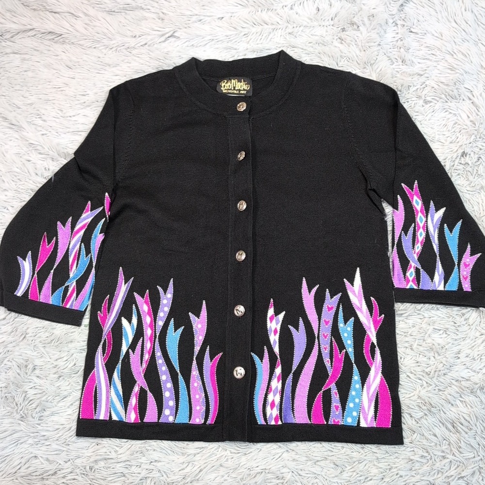 Bob Mackie Sweater Womens XS Black Cardigan Soft Comfort Wearable‎ Art Button Up